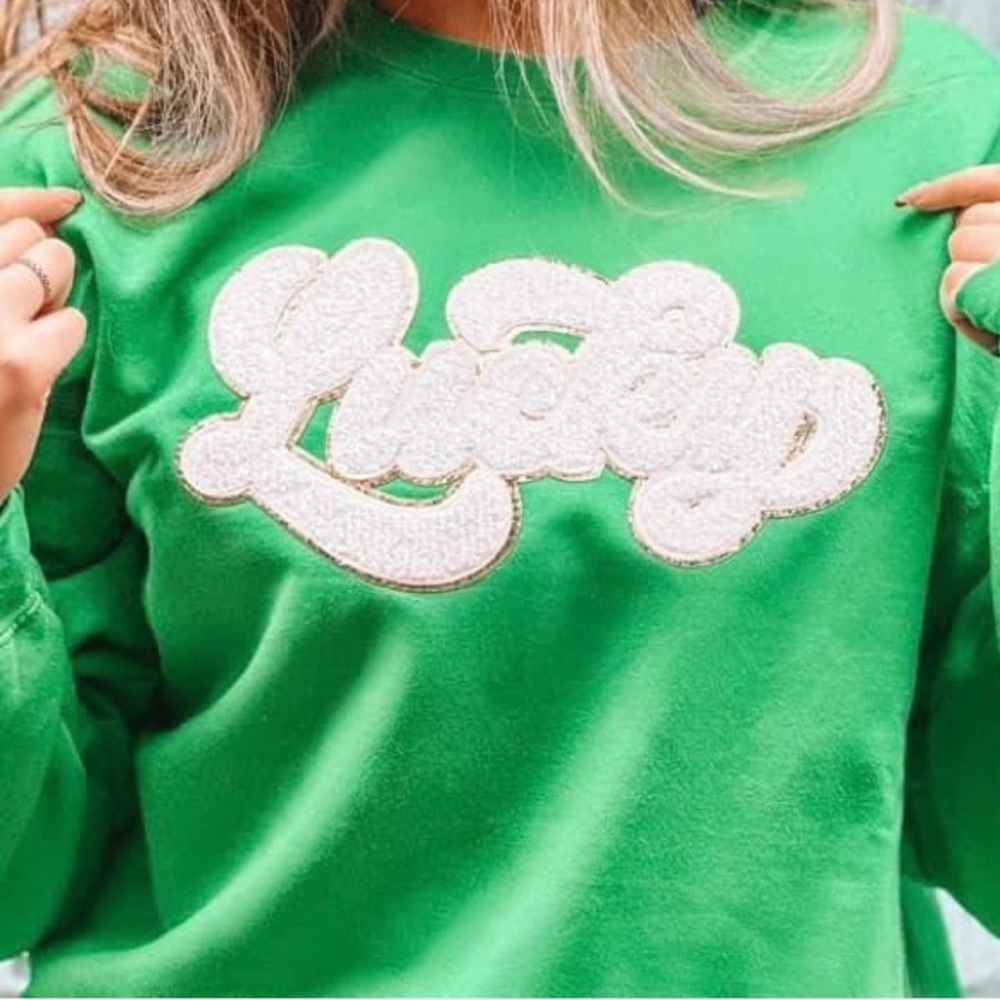 Green sweatshirt with LUCKY chenille patch